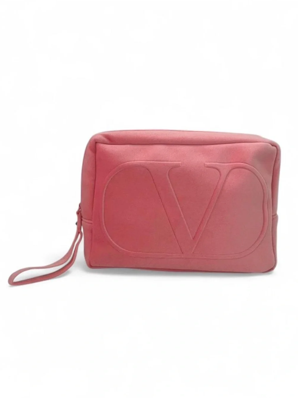 Authentic Valentino velvet Coral Pink Embossed Wristlet / makeup cosmetic bag